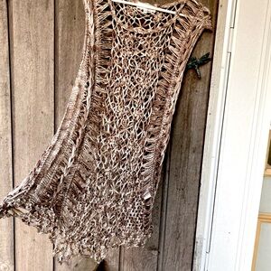 PRETTY ANGEL Swim Coverup Tunic Dress Vest Crocheted Taupe Cream Size Medium